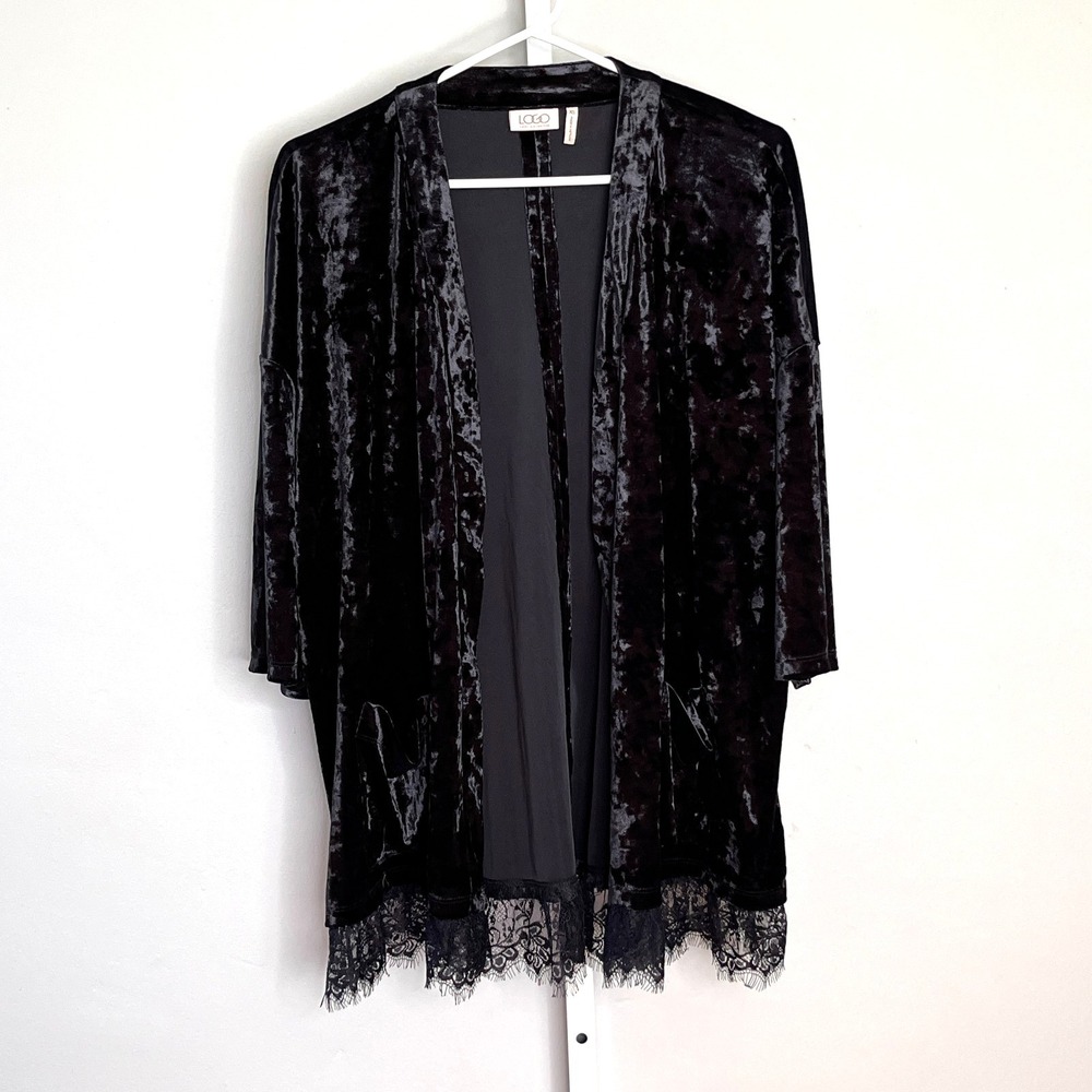LOGO by Lori Goldstein Open Cardigan Crushed Velvet Lace Whimsigoth Witchy XS